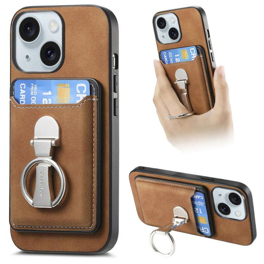 For iPhone 15 Retro Folding Ring Holder Card Bag MagSafe Phone Case(Brown)