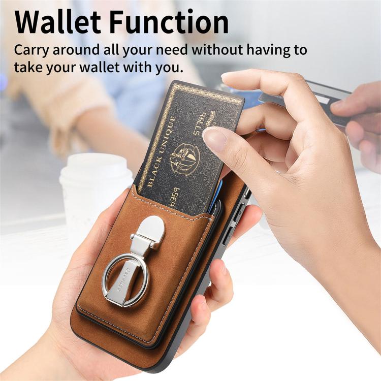 For iPhone 15 Retro Folding Ring Holder Card Bag MagSafe Phone Case(Brown) - iPhone 15 Cases by buy2fix | Online Shopping UK | buy2fix