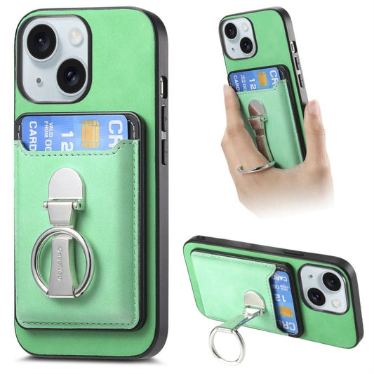 For iPhone 15 Retro Folding Ring Holder Card Bag MagSafe Phone Case(Green) - iPhone 15 Cases by buy2fix | Online Shopping UK | buy2fix