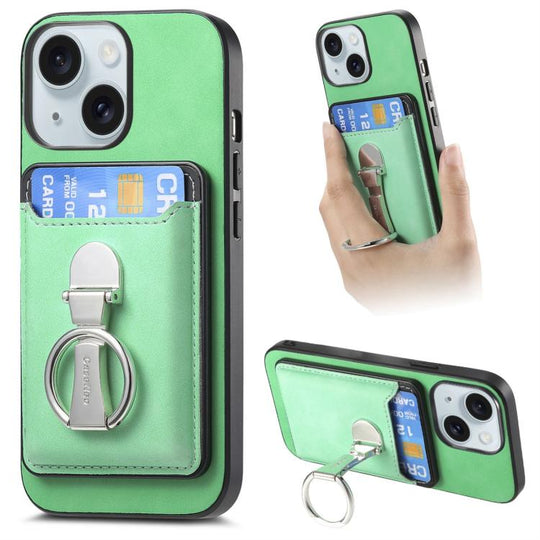 For iPhone 15 Retro Folding Ring Holder Card Bag MagSafe Phone Case(Green)