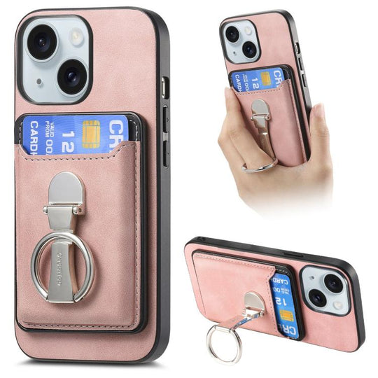 For iPhone 15 Retro Folding Ring Holder Card Bag MagSafe Phone Case(Pink)