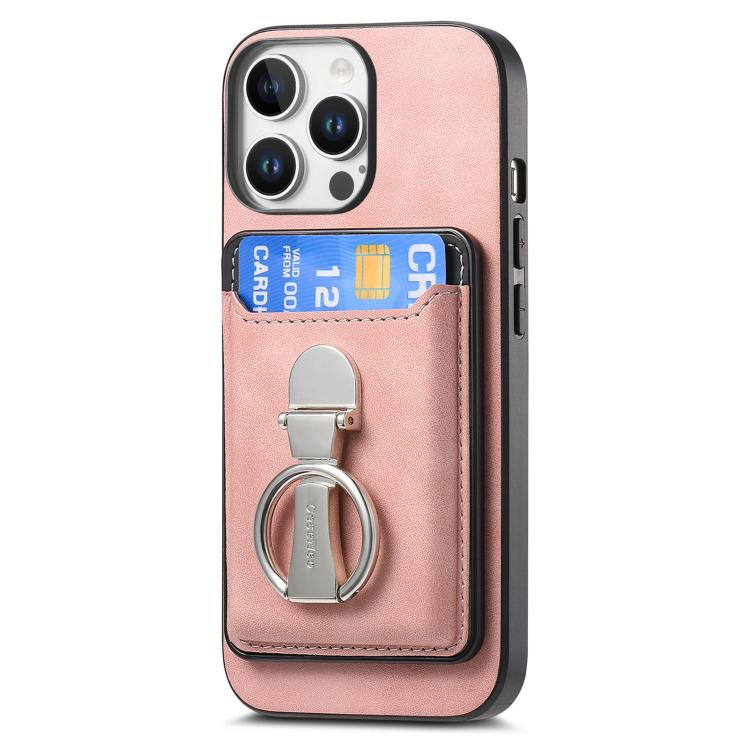 For iPhone 15 Retro Folding Ring Holder Card Bag MagSafe Phone Case(Pink) - iPhone 15 Cases by buy2fix | Online Shopping UK | buy2fix