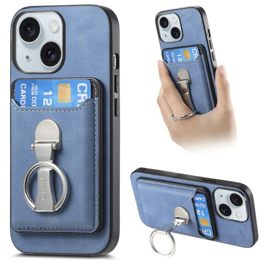 For iPhone 15 Retro Folding Ring Holder Card Bag MagSafe Phone Case(Blue)