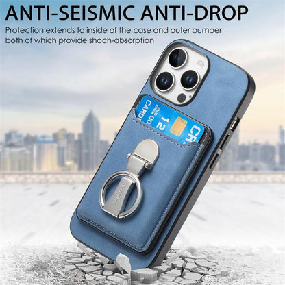 For iPhone 15 Retro Folding Ring Holder Card Bag MagSafe Phone Case(Blue) - iPhone 15 Cases by buy2fix | Online Shopping UK | buy2fix