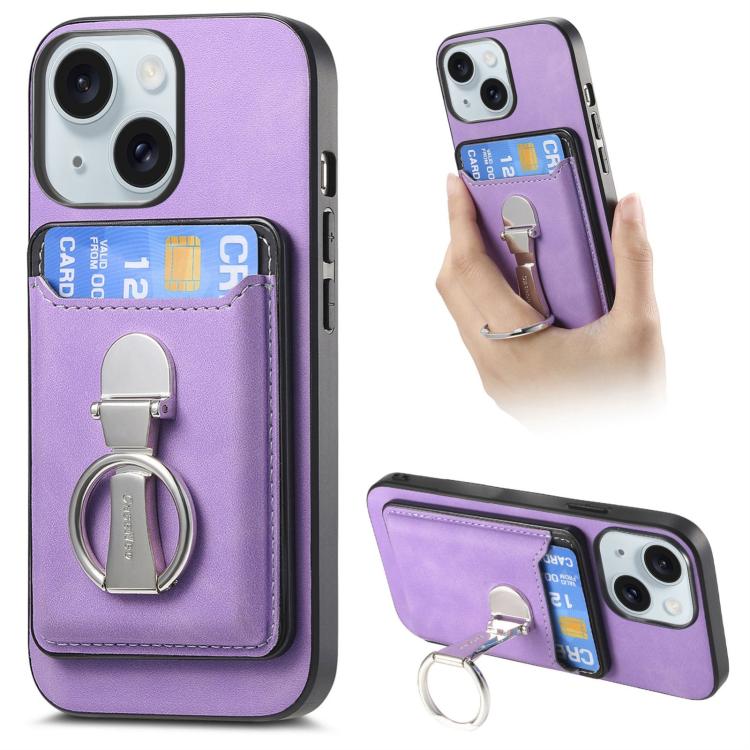 For iPhone 15 Plus Retro Folding Ring Holder Card Bag MagSafe Phone Case(Purple) - iPhone 15 Plus Cases by buy2fix | Online Shopping UK | buy2fix