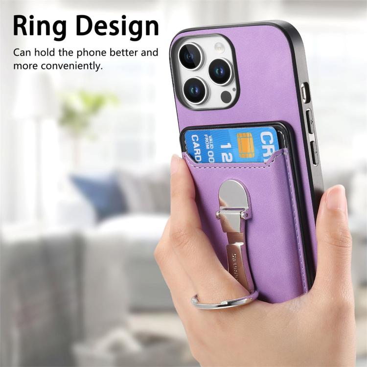For iPhone 15 Plus Retro Folding Ring Holder Card Bag MagSafe Phone Case(Purple) - iPhone 15 Plus Cases by buy2fix | Online Shopping UK | buy2fix