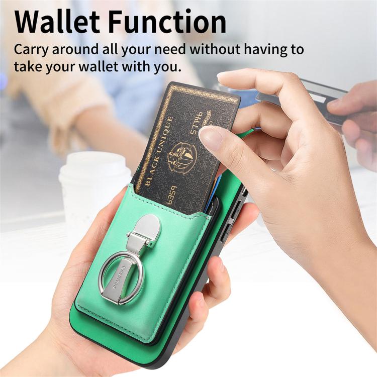 For iPhone 15 Plus Retro Folding Ring Holder Card Bag MagSafe Phone Case(Green) - iPhone 15 Plus Cases by buy2fix | Online Shopping UK | buy2fix