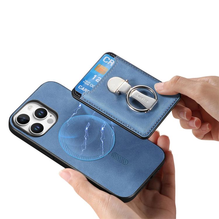 For iPhone 15 Plus Retro Folding Ring Holder Card Bag MagSafe Phone Case(Blue) - iPhone 15 Plus Cases by buy2fix | Online Shopping UK | buy2fix