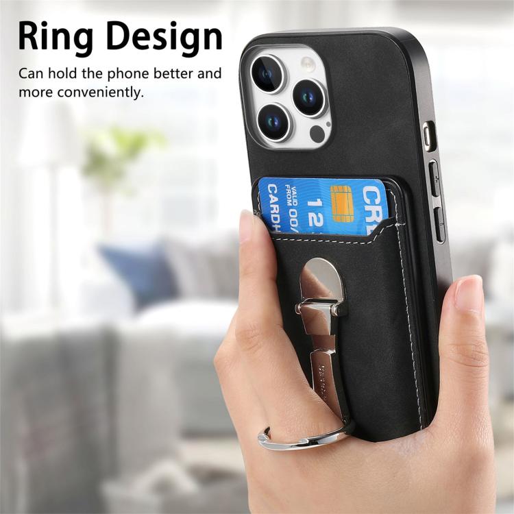 For iPhone 15 Pro Retro Folding Ring Holder Card Bag MagSafe Phone Case(Black) - iPhone 15 Pro Cases by buy2fix | Online Shopping UK | buy2fix