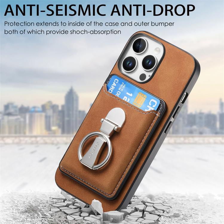 For iPhone 15 Pro Retro Folding Ring Holder Card Bag MagSafe Phone Case(Brown) - iPhone 15 Pro Cases by buy2fix | Online Shopping UK | buy2fix