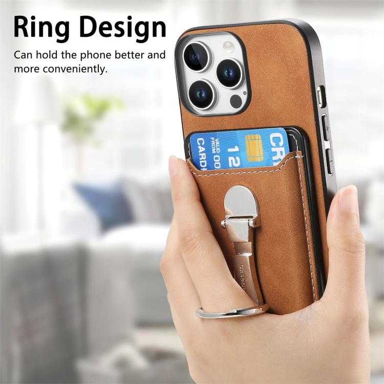 For iPhone 15 Pro Retro Folding Ring Holder Card Bag MagSafe Phone Case(Brown) - iPhone 15 Pro Cases by buy2fix | Online Shopping UK | buy2fix