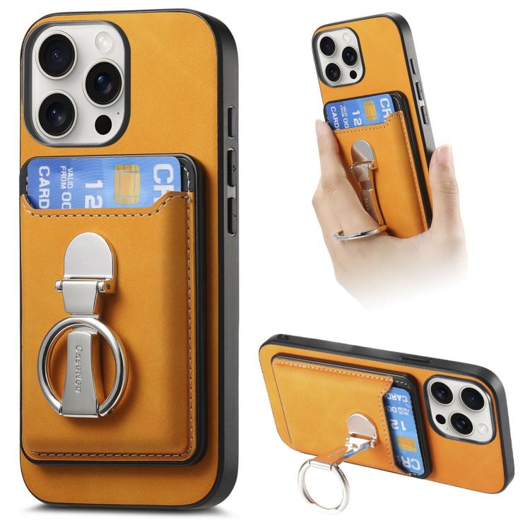 For iPhone 15 Pro Retro Folding Ring Holder Card Bag MagSafe Phone Case(Yellow) - iPhone 15 Pro Cases by buy2fix | Online Shopping UK | buy2fix