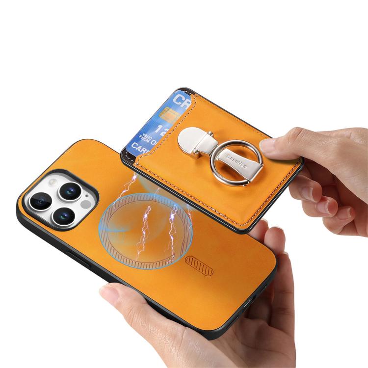 For iPhone 15 Pro Retro Folding Ring Holder Card Bag MagSafe Phone Case(Yellow) - iPhone 15 Pro Cases by buy2fix | Online Shopping UK | buy2fix