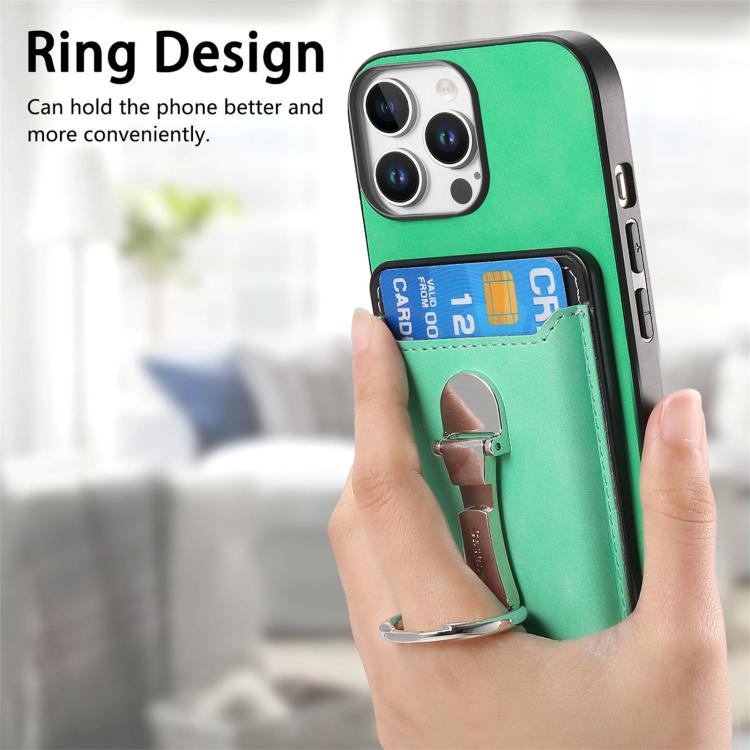 For iPhone 15 Pro Retro Folding Ring Holder Card Bag MagSafe Phone Case(Green) - iPhone 15 Pro Cases by buy2fix | Online Shopping UK | buy2fix