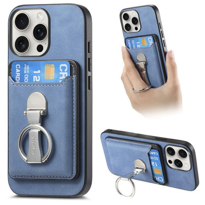 For iPhone 15 Pro Retro Folding Ring Holder Card Bag MagSafe Phone Case(Blue) - iPhone 15 Pro Cases by buy2fix | Online Shopping UK | buy2fix