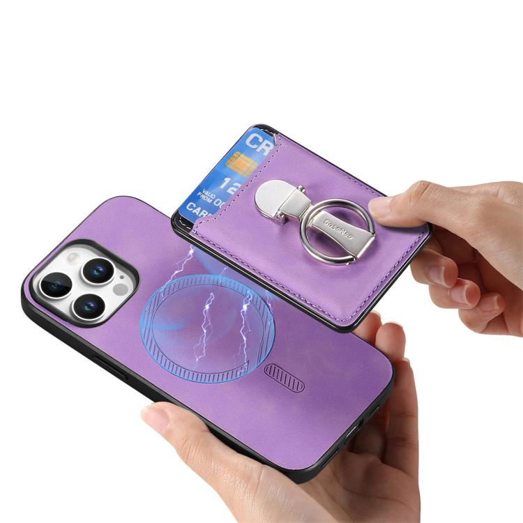For iPhone 15 Pro Max Retro Folding Ring Holder Card Bag MagSafe Phone Case(Purple) - iPhone 15 Pro Max Cases by buy2fix | Online Shopping UK | buy2fix