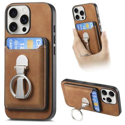 For iPhone 15 Pro Max Retro Folding Ring Holder Card Bag MagSafe Phone Case(Brown) - iPhone 15 Pro Max Cases by buy2fix | Online Shopping UK | buy2fix