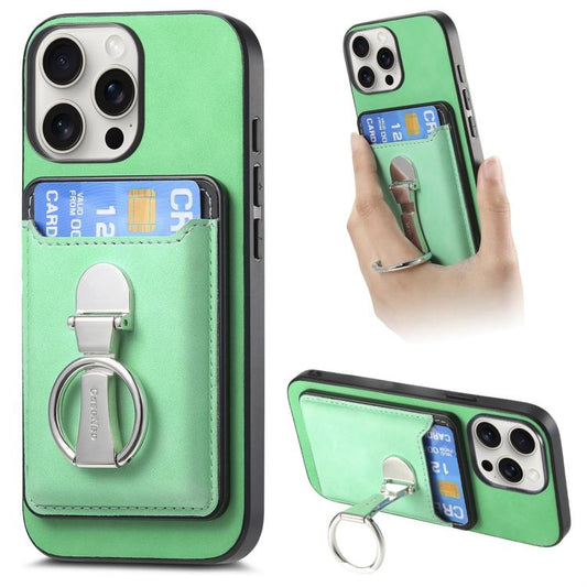For iPhone 15 Pro Max Retro Folding Ring Holder Card Bag MagSafe Phone Case(Green) - iPhone 15 Pro Max Cases by buy2fix | Online Shopping UK | buy2fix