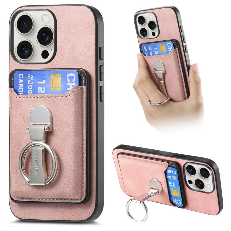 For iPhone 15 Pro Max Retro Folding Ring Holder Card Bag MagSafe Phone Case(Pink) - iPhone 15 Pro Max Cases by buy2fix | Online Shopping UK | buy2fix