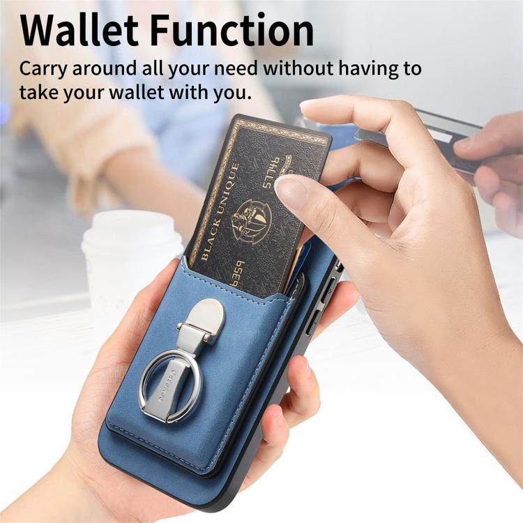 For iPhone 15 Pro Max Retro Folding Ring Holder Card Bag MagSafe Phone Case(Blue) - iPhone 15 Pro Max Cases by buy2fix | Online Shopping UK | buy2fix