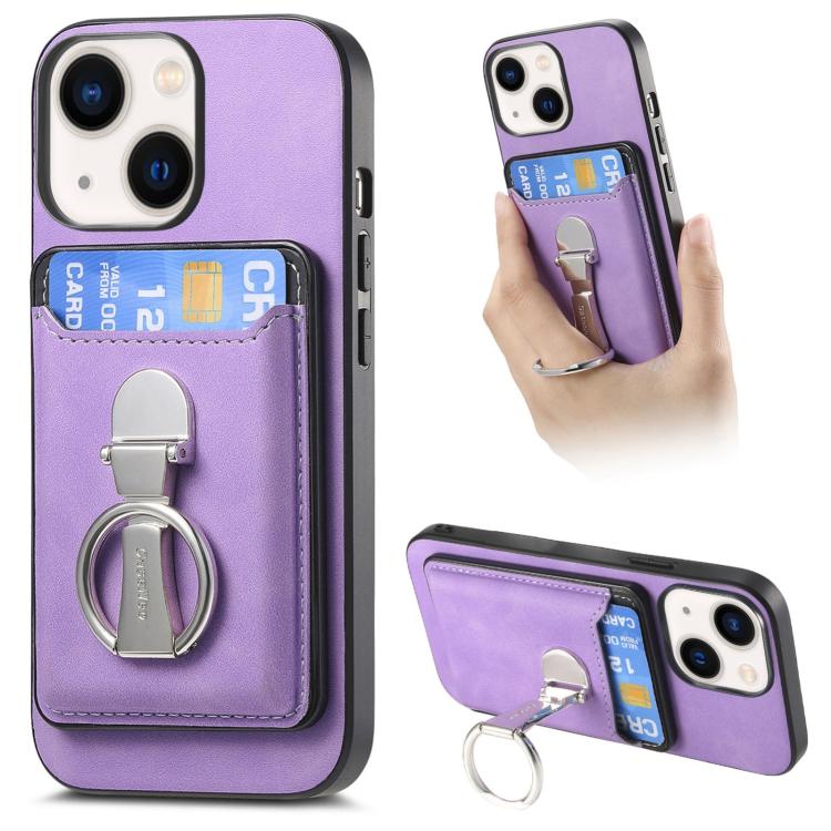 For iPhone 14 Retro Folding Ring Holder Card Bag MagSafe Phone Case(Purple) - iPhone 14 Cases by buy2fix | Online Shopping UK | buy2fix