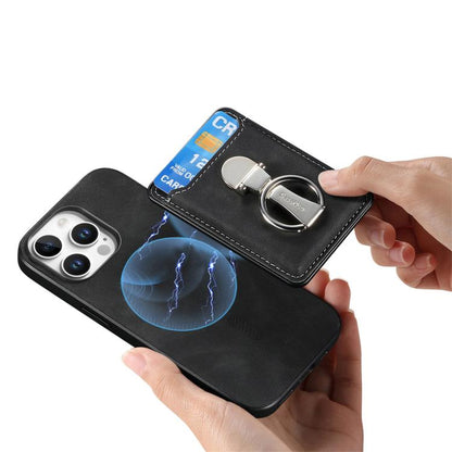 For iPhone 14 Retro Folding Ring Holder Card Bag MagSafe Phone Case(Black) - iPhone 14 Cases by buy2fix | Online Shopping UK | buy2fix