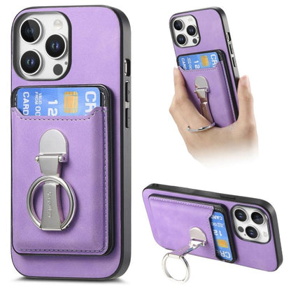 For iPhone 14 Pro Retro Folding Ring Holder Card Bag MagSafe Phone Case(Purple) - iPhone 14 Pro Cases by buy2fix | Online Shopping UK | buy2fix