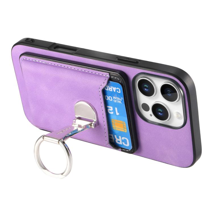 For iPhone 14 Pro Retro Folding Ring Holder Card Bag MagSafe Phone Case(Purple) - iPhone 14 Pro Cases by buy2fix | Online Shopping UK | buy2fix