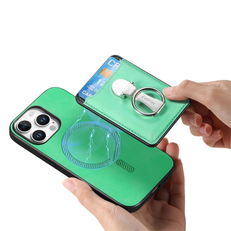 For iPhone 14 Pro Retro Folding Ring Holder Card Bag MagSafe Phone Case(Green) - iPhone 14 Pro Cases by buy2fix | Online Shopping UK | buy2fix