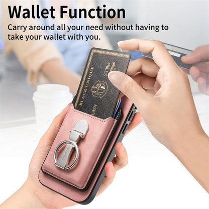 For iPhone 14 Pro Retro Folding Ring Holder Card Bag MagSafe Phone Case(Pink) - iPhone 14 Pro Cases by buy2fix | Online Shopping UK | buy2fix