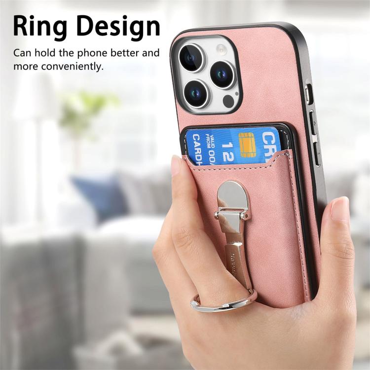 For iPhone 14 Pro Retro Folding Ring Holder Card Bag MagSafe Phone Case(Pink) - iPhone 14 Pro Cases by buy2fix | Online Shopping UK | buy2fix