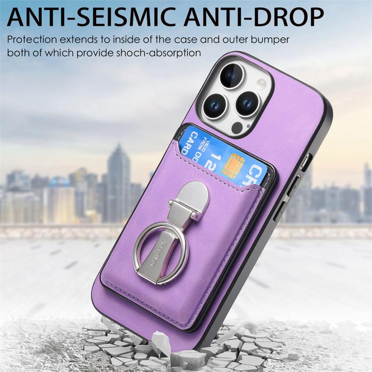 For iPhone 14 Plus Retro Folding Ring Holder Card Bag MagSafe Phone Case(Purple) - iPhone 14 Plus Cases by buy2fix | Online Shopping UK | buy2fix