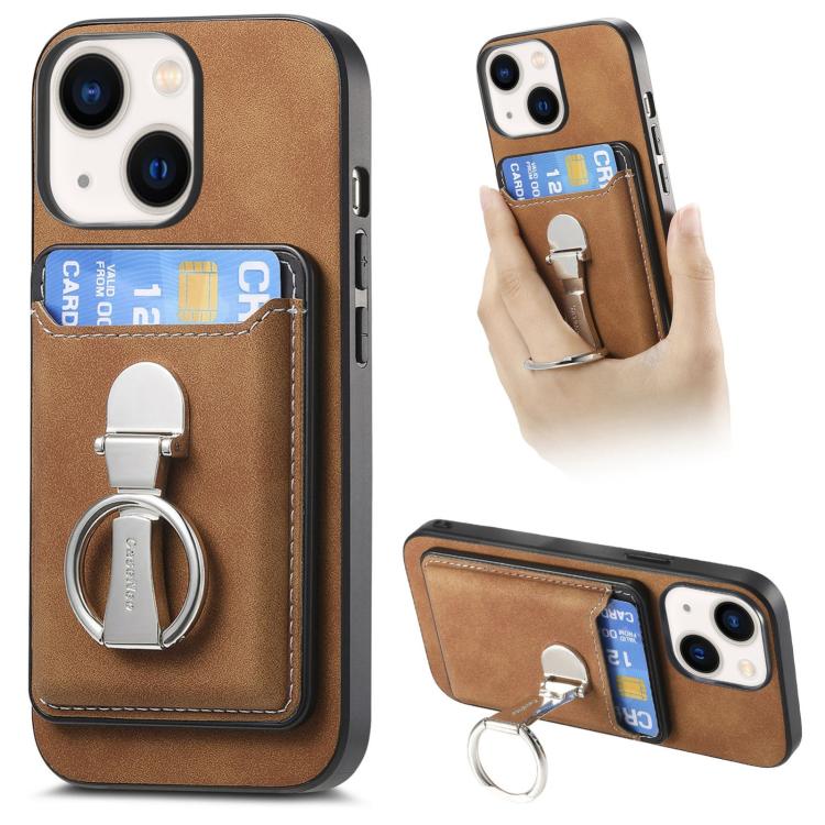 For iPhone 14 Plus Retro Folding Ring Holder Card Bag MagSafe Phone Case(Brown) - iPhone 14 Plus Cases by buy2fix | Online Shopping UK | buy2fix