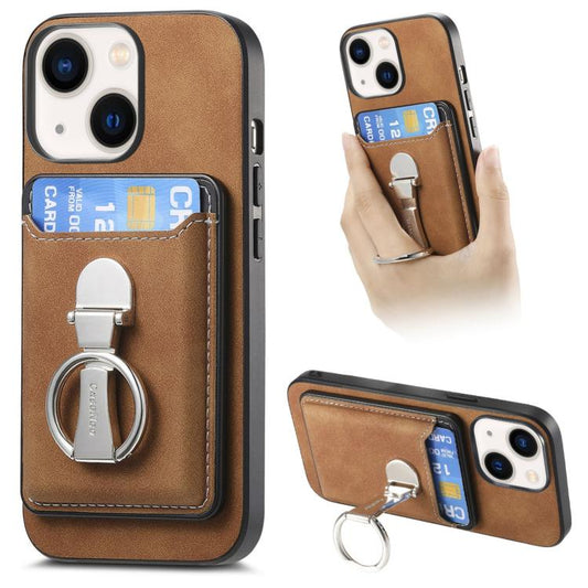 For iPhone 14 Plus Retro Folding Ring Holder Card Bag MagSafe Phone Case(Brown) - iPhone 14 Plus Cases by buy2fix | Online Shopping UK | buy2fix