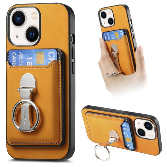 For iPhone 14 Plus Retro Folding Ring Holder Card Bag MagSafe Phone Case(Yellow) - iPhone 14 Plus Cases by buy2fix | Online Shopping UK | buy2fix