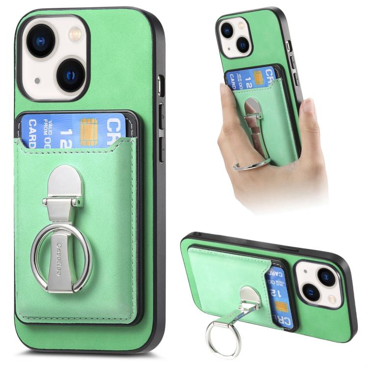 For iPhone 14 Plus Retro Folding Ring Holder Card Bag MagSafe Phone Case(Green) - iPhone 14 Plus Cases by buy2fix | Online Shopping UK | buy2fix