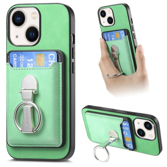 For iPhone 14 Plus Retro Folding Ring Holder Card Bag MagSafe Phone Case(Green) - iPhone 14 Plus Cases by buy2fix | Online Shopping UK | buy2fix