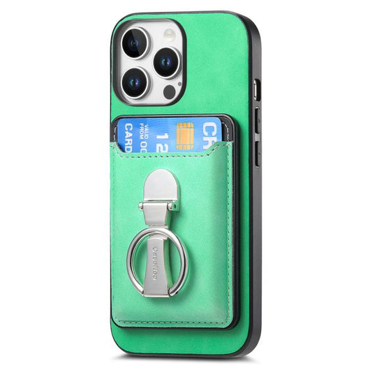 For iPhone 14 Plus Retro Folding Ring Holder Card Bag MagSafe Phone Case(Green) - iPhone 14 Plus Cases by buy2fix | Online Shopping UK | buy2fix