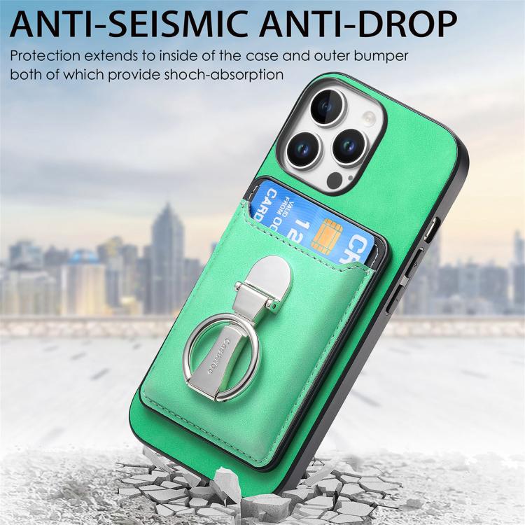For iPhone 14 Plus Retro Folding Ring Holder Card Bag MagSafe Phone Case(Green) - iPhone 14 Plus Cases by buy2fix | Online Shopping UK | buy2fix