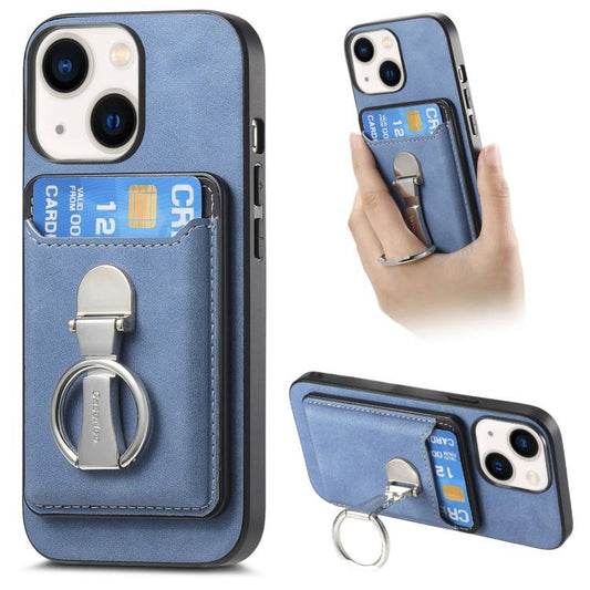 For iPhone 14 Plus Retro Folding Ring Holder Card Bag MagSafe Phone Case(Blue) - iPhone 14 Plus Cases by buy2fix | Online Shopping UK | buy2fix
