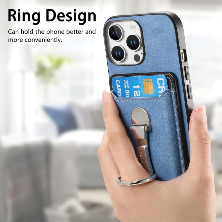 For iPhone 14 Plus Retro Folding Ring Holder Card Bag MagSafe Phone Case(Blue) - iPhone 14 Plus Cases by buy2fix | Online Shopping UK | buy2fix