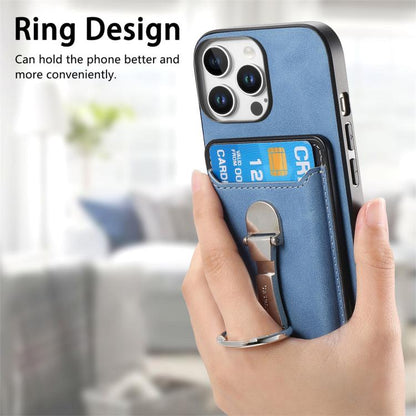 For iPhone 14 Plus Retro Folding Ring Holder Card Bag MagSafe Phone Case(Blue) - iPhone 14 Plus Cases by buy2fix | Online Shopping UK | buy2fix