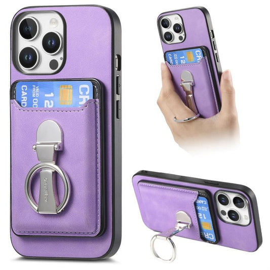 For iPhone 14 Pro Max Retro Folding Ring Holder Card Bag MagSafe Phone Case(Purple) - iPhone 14 Pro Max Cases by buy2fix | Online Shopping UK | buy2fix