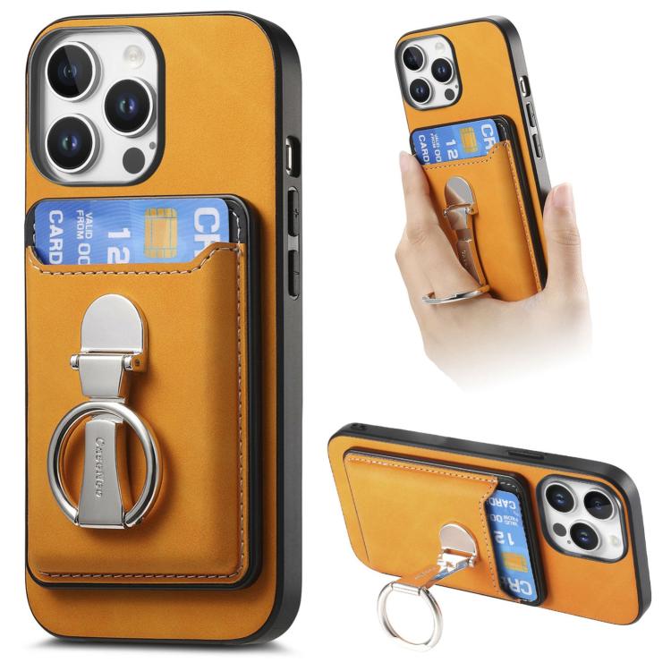 For iPhone 14 Pro Max Retro Folding Ring Holder Card Bag MagSafe Phone Case(Yellow) - iPhone 14 Pro Max Cases by buy2fix | Online Shopping UK | buy2fix
