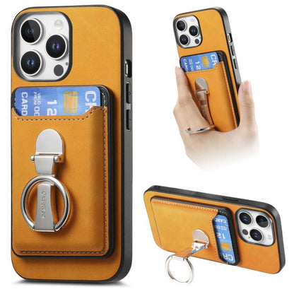 For iPhone 14 Pro Max Retro Folding Ring Holder Card Bag MagSafe Phone Case(Yellow) - iPhone 14 Pro Max Cases by buy2fix | Online Shopping UK | buy2fix
