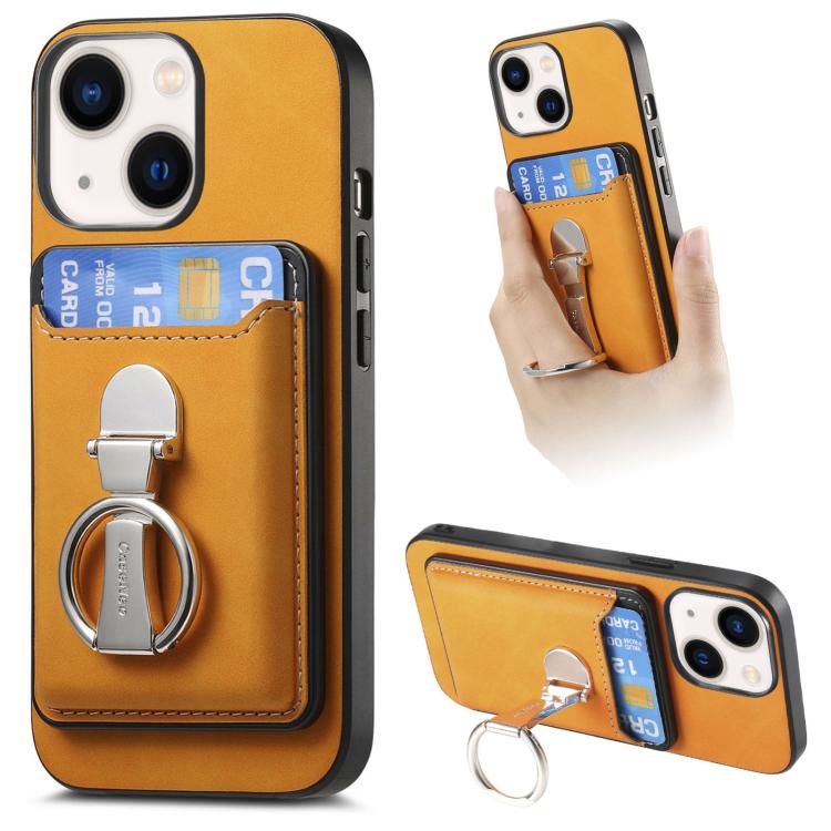 For iPhone 13 Retro Folding Ring Holder Card Bag MagSafe Phone Case(Yellow) - iPhone 13 Cases by buy2fix | Online Shopping UK | buy2fix