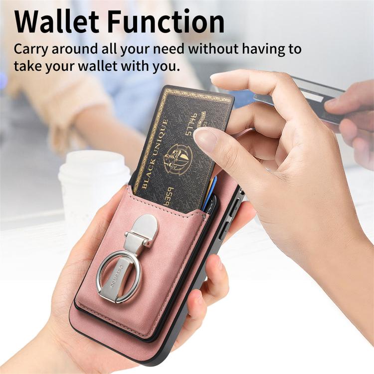 For iPhone 13 Retro Folding Ring Holder Card Bag MagSafe Phone Case(Pink) - iPhone 13 Cases by buy2fix | Online Shopping UK | buy2fix