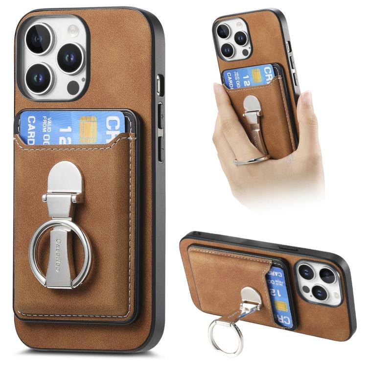 For iPhone 13 Pro Retro Folding Ring Holder Card Bag MagSafe Phone Case(Brown) - iPhone 13 Pro Cases by buy2fix | Online Shopping UK | buy2fix