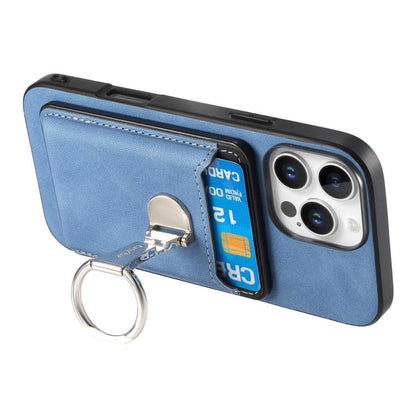 For iPhone 13 Pro Retro Folding Ring Holder Card Bag MagSafe Phone Case(Blue) - iPhone 13 Pro Cases by buy2fix | Online Shopping UK | buy2fix