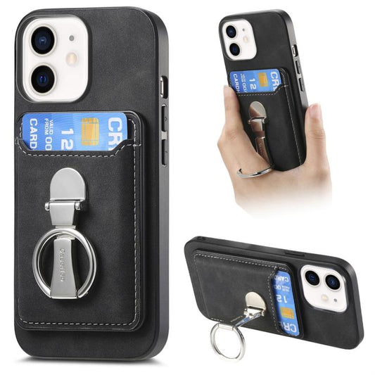 For iPhone 12 Retro Folding Ring Holder Card Bag MagSafe Phone Case(Black) - iPhone 12 / 12 Pro Cases by buy2fix | Online Shopping UK | buy2fix